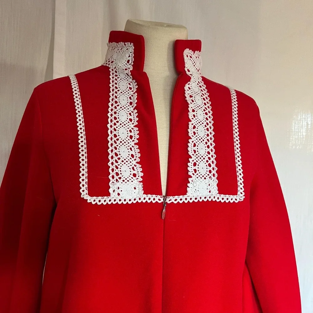 vtg red flannel white lace trim vassarette‎ maxi robe classic warm winter